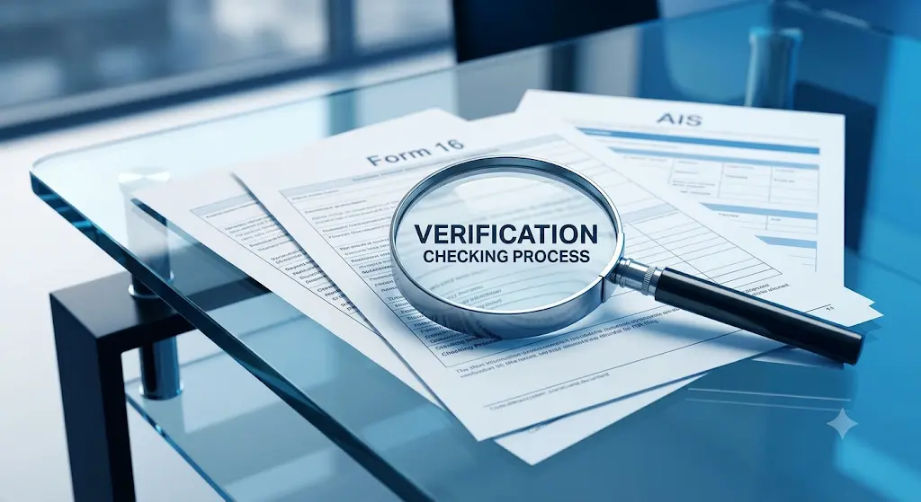 Tax documents Form 16 and AIS placed on a desk under a magnifying glass.