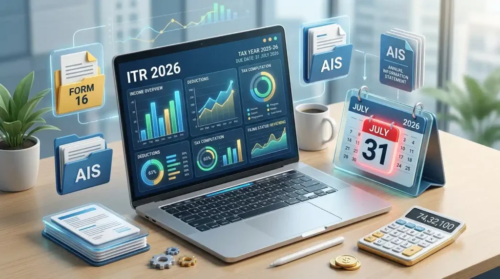 ITR Filing 2026 deadline 31 July calendar and laptop dashboard.
