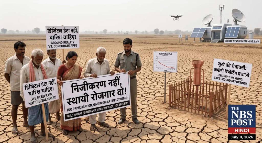 Telangana farmers and ground weather workers protesting on dry, cracked land. They are holding banners in Hindi demanding permanent jobs and opposing privatization and digital data. The background shows a stark contrast between a traditional rain gauge and a modern corporate weather station with satellites and a drone.